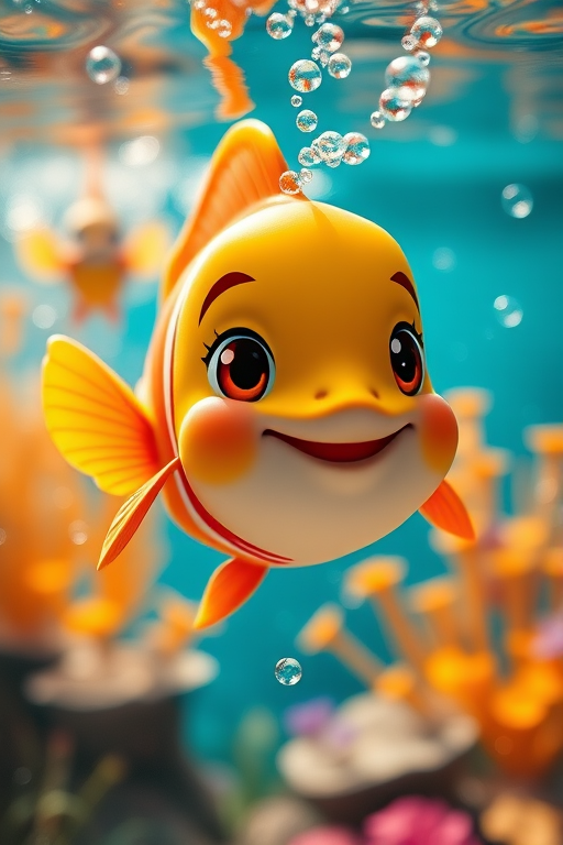 Create an image of a cute cartoon fish swimming just below the water's surface in a vibrant underwater scene, with a focus on bright colors and playful expressions, using a DSLR camera with a 50mm lens, aperture set to f/2.8, ISO 100, natural lighting, and a wide-angle view to capture the underwater flora and bubbles.