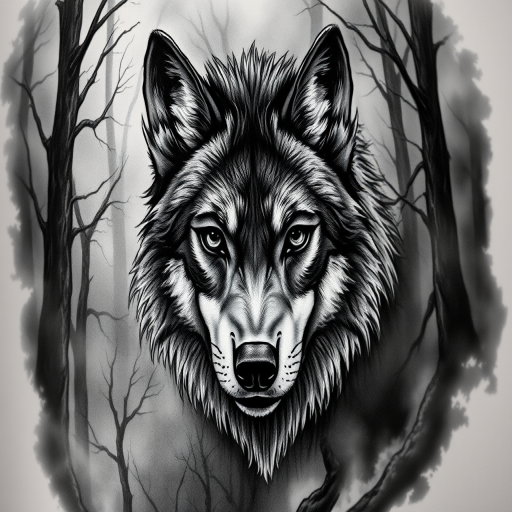 Realistic black and grey tattoo called "Forest Guardian" portraying a lifelike wolf emerging from misty woods with incredible detail in fur texture, piercing eyes, and atmospheric background shading