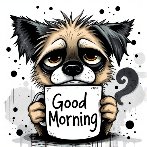 A quirky, artistic illustration of a disheveled puggat dog breed with exaggerated, large eyes and spiky fur, holding a coffee mug that reads "Good Morning". The dog has a tired but humorous expression, with ink splatters and abstract details surrounding it, giving a whimsical feel to the image. The color palette is mostly monochrome with hints of black in the eyes and steam rising from the mug, enhancing the overall sleepy vibe