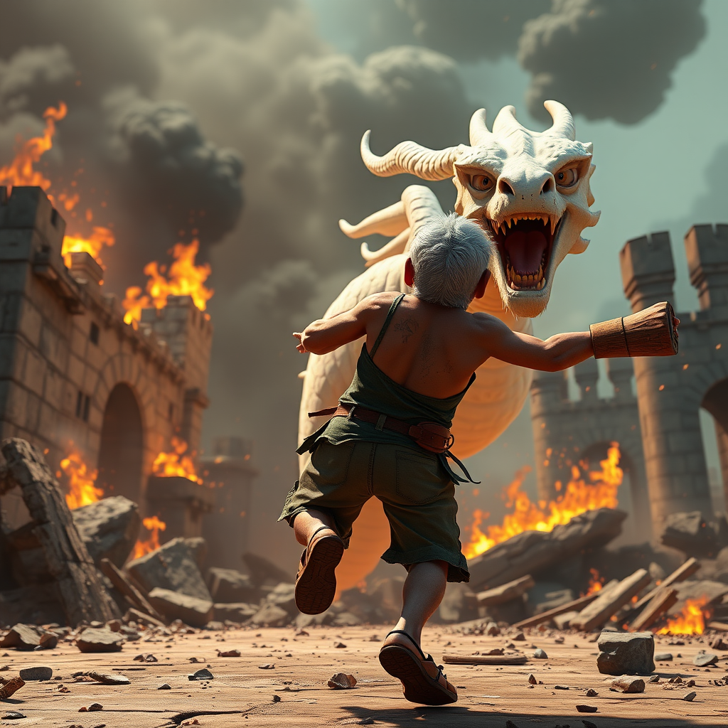 Cartoon 3D High-Resolution,dynamic battle scene using Unreal Engine 5 and Octane Render. The scene features back of an elderly, thai man with a beard,messy hair and round golden-rimmed glasses. He is wearing a tattered tank top with soot marks, shorts, and sandals. sweating. he wields a baseball bat. He jump to fight with a white fire-breathing Europe dragon amidst a partially destroyed stone castle. Include intense flames, smoke, and debris to enhance the dramatic effect.