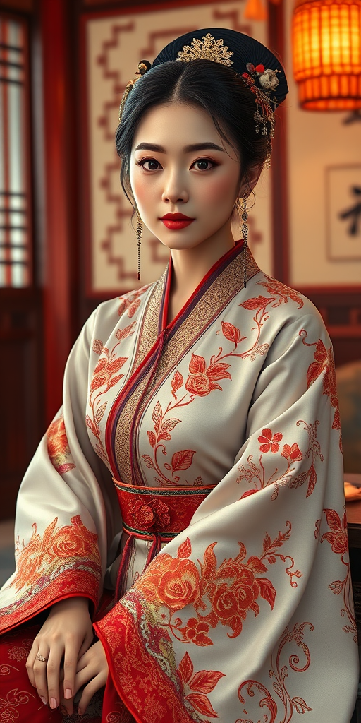 A beautiful woman in traditional East Asian attire, intricately detailed with embroidered patterns, sitting gracefully in a richly decorated room, soft ambient lighting, serene and elegant, ultra-realistic, 8K resolution