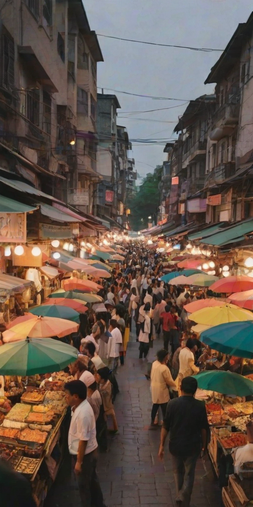 Blurry, grainy shot of a bustling street market at dusk, soft golden light reflecting off colorful umbrellas, with distant vendors selling spices, fruits, and hand-crafted items.
