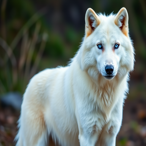 Create an image of a majestic white wolf standing proudly with piercing blue eyes in a natural setting, using a full-frame DSLR camera, 50mm lens, f/2.8 aperture, ISO 100, shot at eye level with natural lighting to enhance detail and color vibrancy.