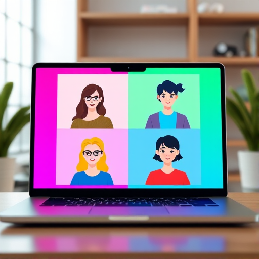 Create a digital illustration of a laptop screen displaying a video call with six stylized avatars in a grid layout, featuring vibrant backgrounds in four colors, with soft lighting and a modern design, using a high-resolution setting at 300 DPI, wide-angle view with a shallow depth of field, captured in a digital art style with vector graphics.