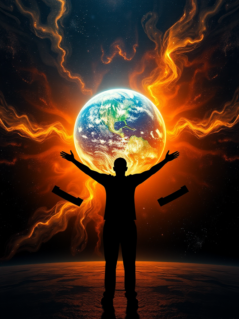 Create a digital artwork featuring a silhouetted figure with arms outstretched in front of a glowing, interconnected globe surrounded by a cosmic background with swirling colors and patterns, using a Canon EOS R camera, ISO 100, f/8 aperture, 24mm lens, and HDR imaging technique to enhance details and contrast.