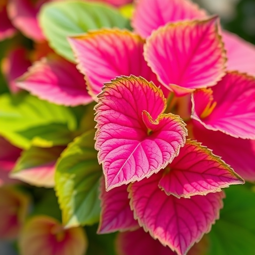 Capture a close-up shot of vibrant pink and green Coleus leaves using a DSLR camera with a 50mm f/1.8 lens, aperture set to f/2.8, ISO 100, and a shutter speed of 1/125s, natural light from the side to enhance color saturation and detail.