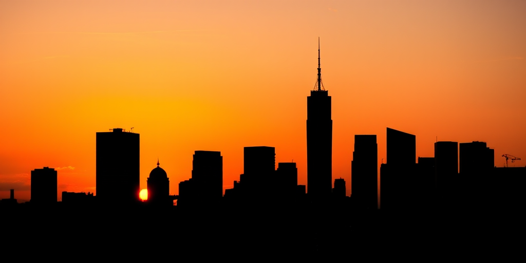 Create a detailed black silhouette of a city skyline at sunset, using a DSLR camera with a 50mm lens, aperture f/2.8, ISO 100, shot from a high vantage point, with a warm color gradient in the sky for enhanced contrast.