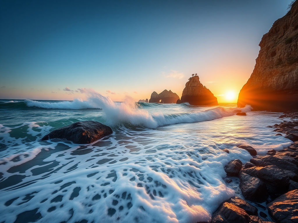 Capture a dynamic coastal scene with crashing waves against rocky cliffs at sunset, using a DSLR camera in aperture priority mode, f/8, ISO 100, 1/60 sec shutter speed, wide-angle lens at 24mm, focus on the waves with a slight motion blur for effect.