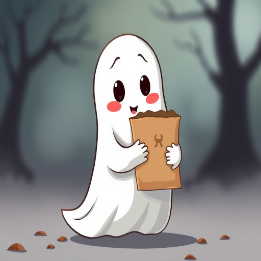 Create a cartoon-style illustration of a cute ghost holding a brown paper bag in a whimsical manner, captured with a DSLR camera at f/2.8, ISO 100, and a 50mm lens, with a soft focus background to enhance the subject.