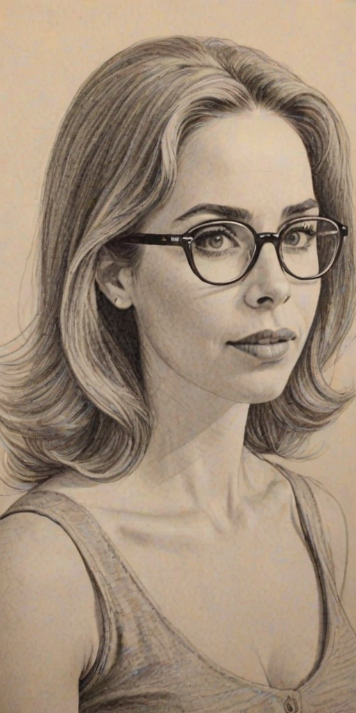 Pleasing Kerry Butler, pencil sketch, portrait of Bewitching woman 1965s in glasses, hair style beatnik, outline, clear lines, fine lines, 8k