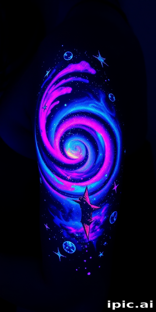 Vibrant UV ink tattoo of a cosmic galaxy scene, invisible in normal light but revealing swirling nebulae and twinkling stars under blacklight, creating a magical, otherworldly effect