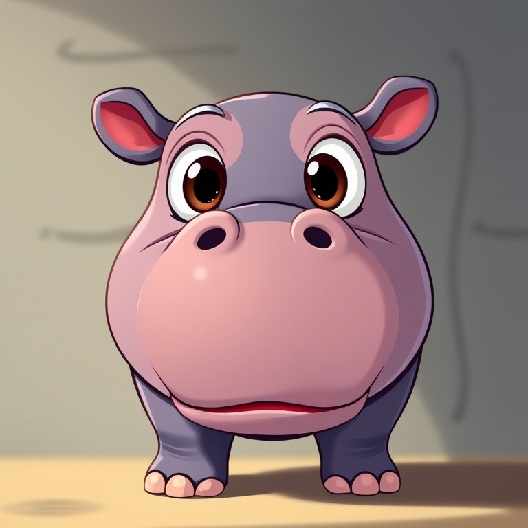 Generate a cartoon-style illustration of a surprised hippo with large eyes, use a bright color palette, camera settings: 50mm lens, f/2.8 aperture, ISO 100, soft lighting, view from a low angle to enhance perspective, use a digital camera with high resolution for clarity.