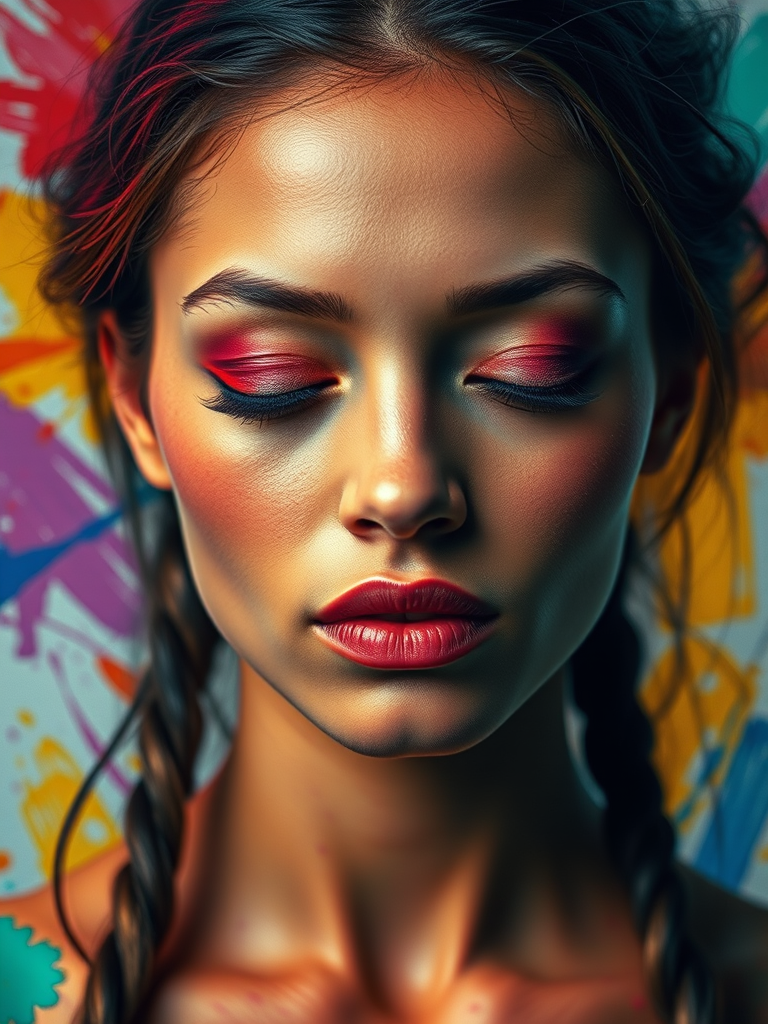 Create a vibrant portrait of a woman with closed eyes, showcasing abstract colorful brush strokes and textures, use a Canon EOS R5 camera, aperture f/2.8, ISO 100, 50mm lens, shot from a slightly tilted frontal view to enhance facial features and color depth.