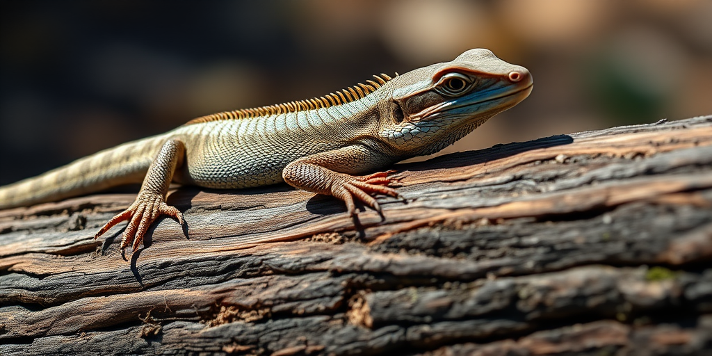 A sharp, detailed image of a lizard resting on a log, taken with a DSLR camera at f/4 aperture, ISO 100, 1/250 sec shutter speed, macro view, with soft natural lighting to enhance clarity and focus on texture.