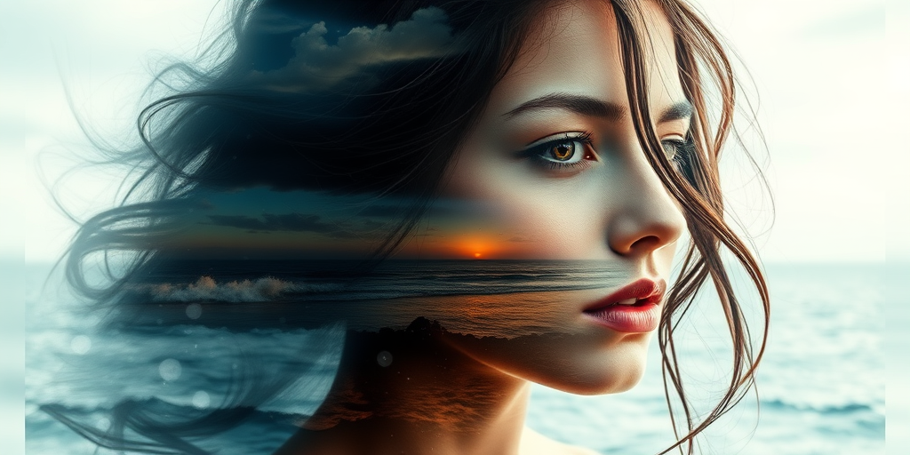 this picture is Book cover, A surreal double exposure portrait that blends a woman's face with a beautiful seascape. The overall mood is dreamy and mystical, with rich colors and intricate details
