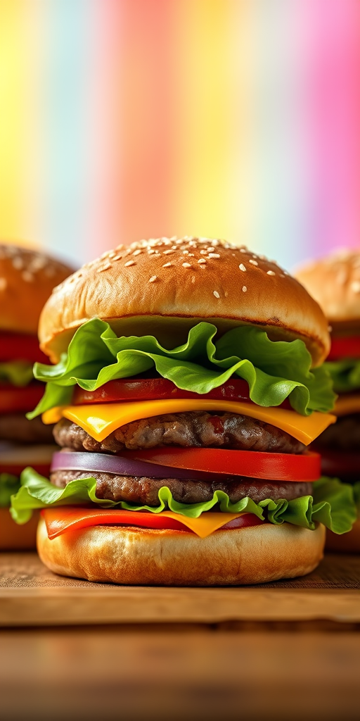 Create a high-resolution image of three stylized hamburgers with different layers, shot with a Canon EOS R5 at f/2.8, ISO 100, 50mm lens, focused directly on the center hamburger in a bright and colorful setting.