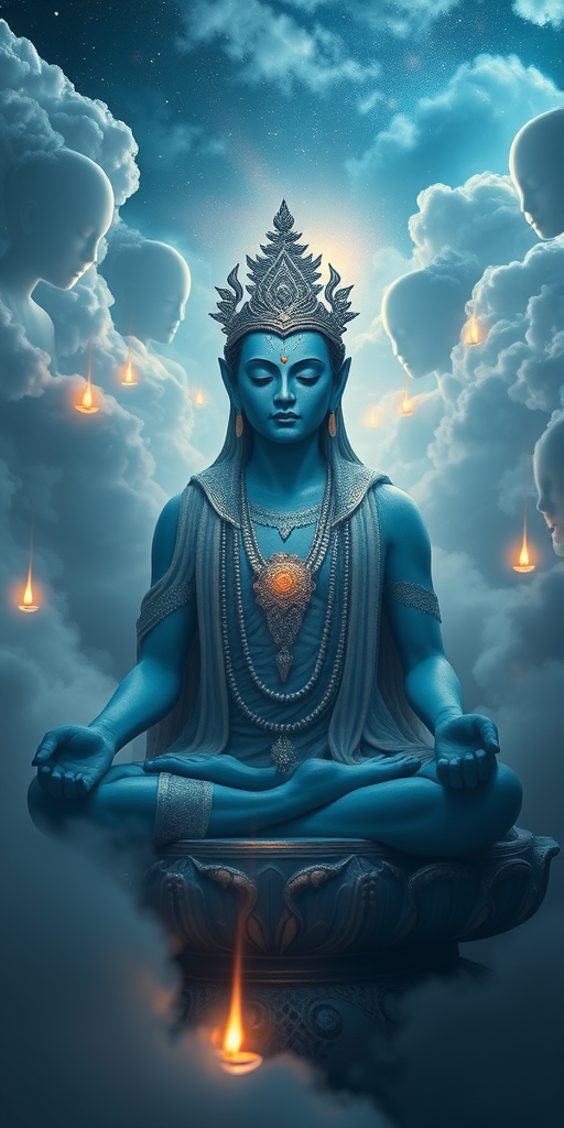 Create a high-resolution digital artwork of a blue-skinned deity meditating in a mystical atmosphere surrounded by ethereal figures, using a Canon EOS R5, 50mm f/1.2 lens, aperture f/2.8, ISO 100, and a long exposure to capture details in the clouds and glowing elements.