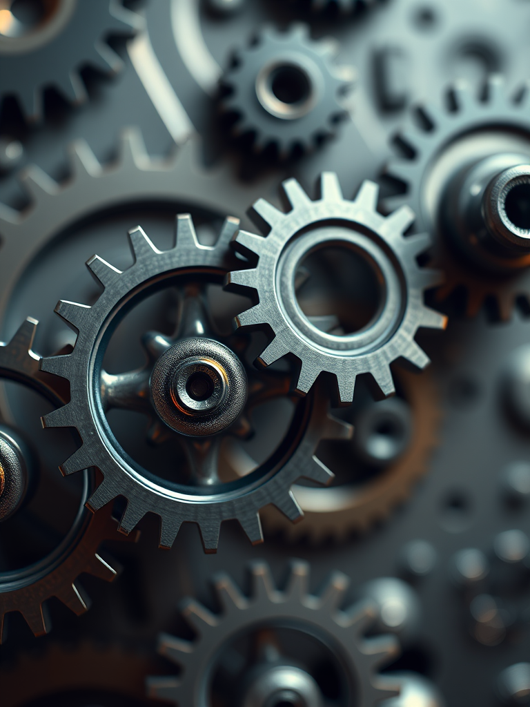 create a detailed illustration of interlocking gears, using a DSLR camera with a 50mm lens, aperture set to f/2.8, ISO 100, and a soft focus background to enhance the sharpness of the gears, lit with soft box lighting to create depth and shadows, shot from an overhead angle for a dynamic perspective