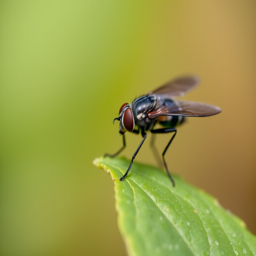 macro shot of a fly perched on a green leaf with a blurred background, 100mm f/2.8 lens, ISO 100, shutter speed 1/200 sec, natural light, shallow depth of field, Canon EOS R5