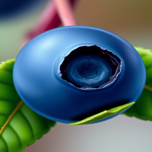 Create an illustration of a blueberry with two green leaves attached, using a Canon EOS 5D Mark IV camera, set to f/4 aperture, ISO 100, 1/200 sec exposure, in a macro view, with a vibrant color palette and smooth gradients for enhanced quality.