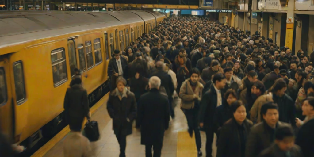 Blurry, fast-paced shot of a crowded train station during rush hour, people rushing by, heads down, the sound of footsteps and distant announcements, soft overhead lighting casting a yellow hue on the scene, a train pulling into the station in the background.