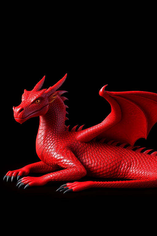 A highly detailed and realistic 3D rendering of a red dragon resting on a black background, vibrant colors, sharp textures, using a DSLR camera at f/2.8 aperture, ISO 100, 50mm lens, with soft lighting to enhance the scales and features.