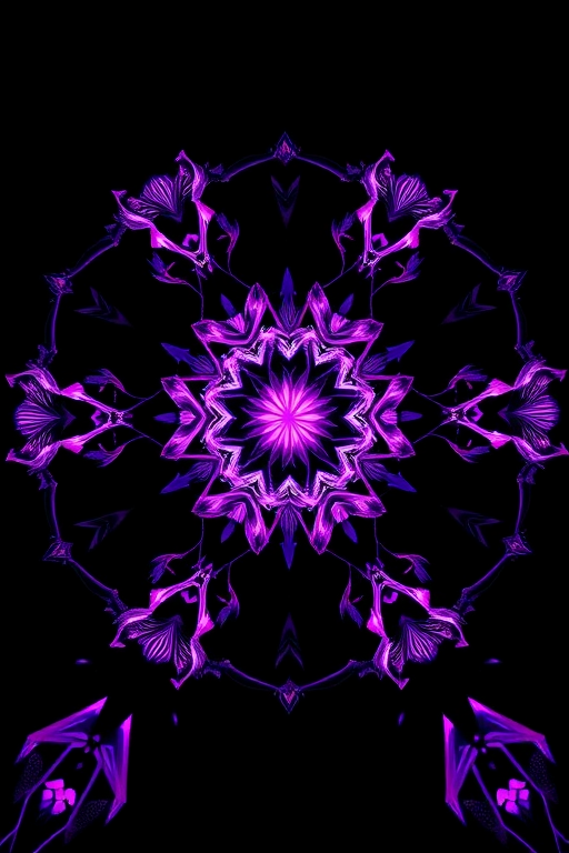 create a vibrant fractal design with intricate geometric patterns in purple and white colors against a black background, using a Canon EOS R5 with a 50mm lens, aperture f/1.8, ISO 100, and a long exposure of 10 seconds for enhanced detail and light capture.