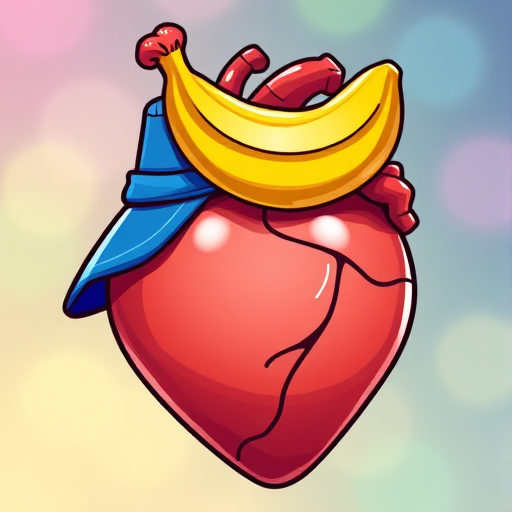 Create a highly detailed illustration of a cartoon-style heart with a blue cap and a banana on top, using vibrant colors and smooth gradients, shot with a Canon EOS R5 at f/2.8, ISO 100, with a slight bokeh effect to enhance the background.