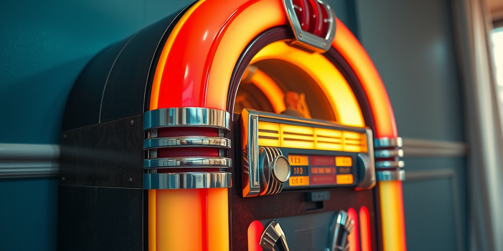 Generate an image of a vintage jukebox with vibrant colors, wide shot, high-resolution, f-stop 2.8, ISO 100, 50mm lens, soft lighting to enhance details and contrast.