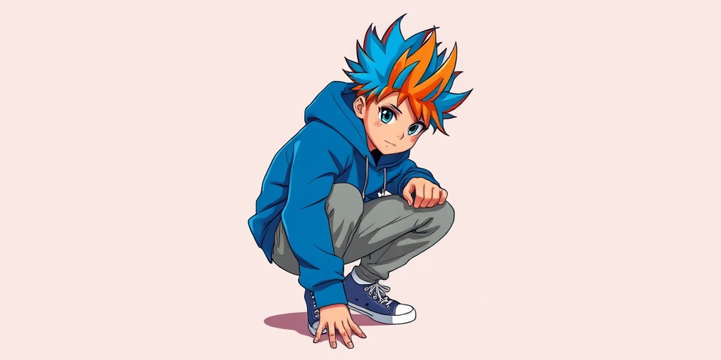 Generate a vibrant digital illustration of a young person with spiky orange and blue hair, wearing a blue hoodie and crouching down in a dynamic pose against a solid background, with a focus on bold colors and sharp lines, shot with a Canon EOS R5 at f/2.8, ISO 100, 50mm lens, in portrait view for enhanced detail and quality.