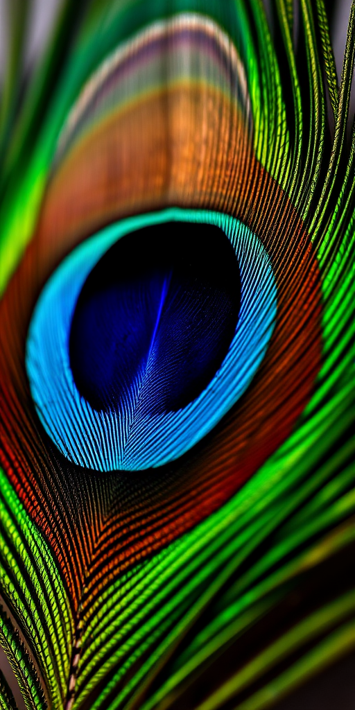 macro shot of a peacock feather focused on the eye pattern, f/2.8 aperture, ISO 100, 1/200 second shutter speed, 100mm lens, natural light, taken with a DSLR camera from a slightly above angle to enhance detail and vibrancy.