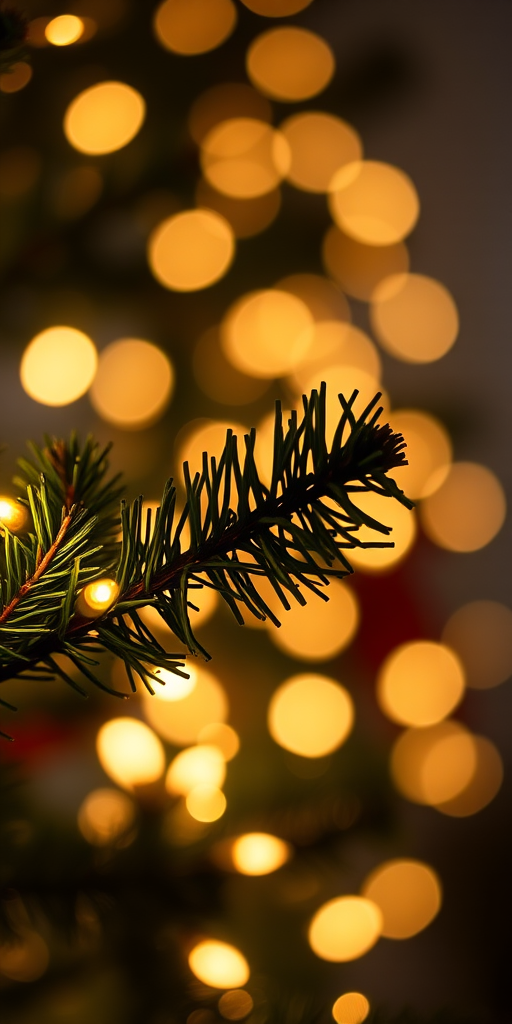 Create an image of a close-up view of a Christmas tree branch with soft glowing fairy lights in the background the overall atmosphere should feel warm and festive with a dark blurred background emphasizing the lights and greenery