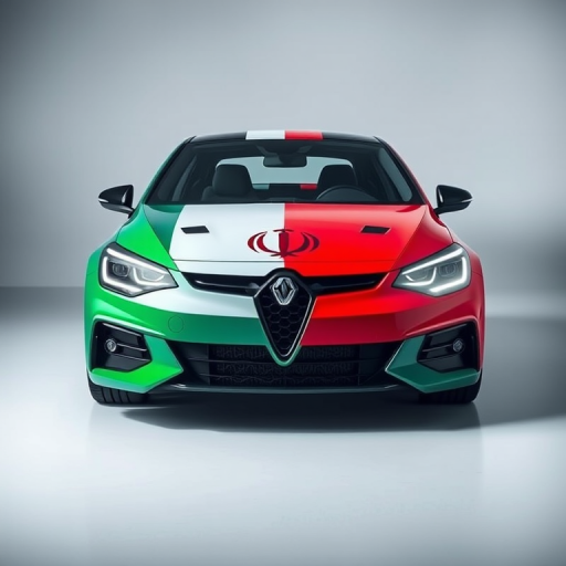 Generate an image of a car with a design featuring the flags of Italy and Iran, shot in a studio with a Canon EOS R5, 50mm lens, f/1.8 aperture, ISO 100, under softbox lighting, and a frontal view to enhance the color and detail.