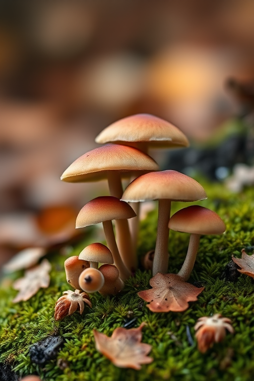 mushrooms growing on moss with autumn leaves, soft bokeh background, captured with a Canon EOS R5, 100mm macro lens, f/2.8 aperture, 1/200 sec shutter speed, ISO 100, natural light, close-up shot