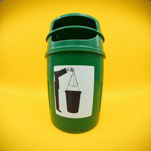 Create an image of a green dog waste disposal bin, featuring a graphic of a person throwing a bag into the bin, set against a yellow background, captured with a Canon EOS R5 at f/8, ISO 100, 1/200s, with a slight fisheye lens effect for emphasis.
