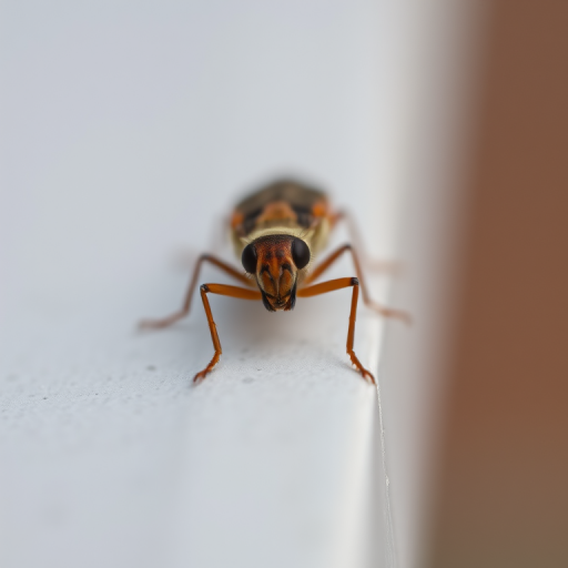 macro shot of a brown insect on a light gray surface with a shallow depth of field, 50mm lens, aperture f/2.8, ISO 100, 1/200 sec, natural lighting, DSLR camera, close-up focus.