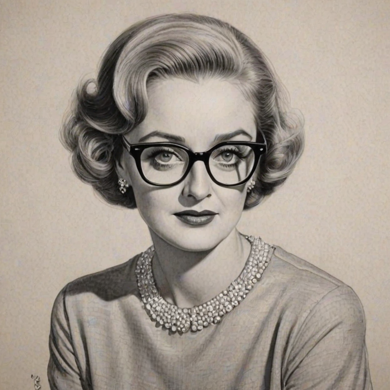 Beautiful Bette Davis, pencil sketch, portrait of beautiful woman 60s in glasses, hair style beatnik, outline, clear lines, fine lines, 8k
