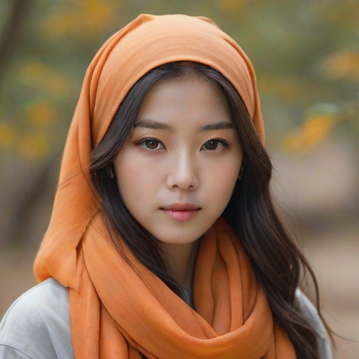 Create a portrait of a young Korean woman with long, dark hair and captivating hazel eyes. She is wearing a orange headscarf and a matching scarf draped gracefully around her neck. The background is softly blurred, focusing attention on her serene and natural expression. The overall color palette is muted and warm, enhancing the intimate and authentic feel of the portrait.