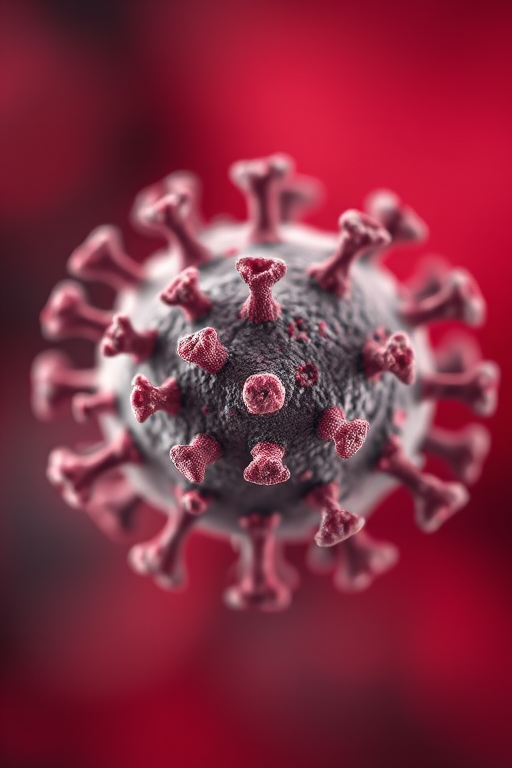 Close-up shot of a virus particle on a blurred red background, macro photography, aperture f/16, ISO 200, shutter speed 1/100, DSLR camera, 100mm lens, high resolution.