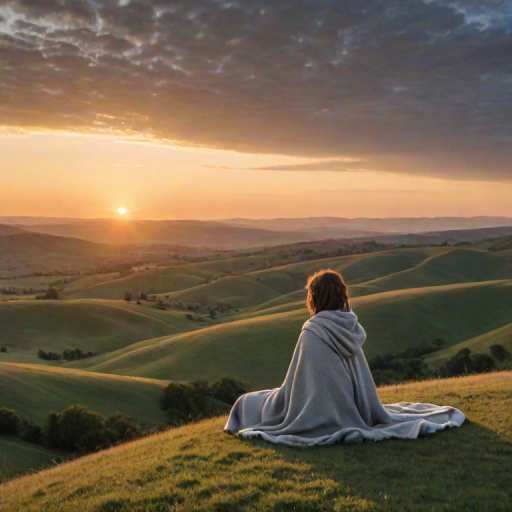 Sunrise over rolling hills, the soft light illuminating the landscape, with a woman sitting at the top of a hill, wrapped in a blanket, watching the dawn break.