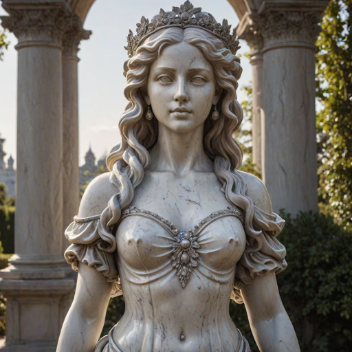 beautiful renaissance princess marble statue decorated with silver ornaments, standing in the sun (marble garden: 1.2), surrounded by topiaries, intricate curly hair, flawless marble skin, (weathered marble texture:1.35), detailed eyes, masterpiece, best quality, intricate details, high detail RAW color photo, very detailed, glorious lighting, cinematic lighting, contrast, bright light, gigapixel, 8k resolution, film, octane rendering, unreal, high definition, 8k uhd, professional lighting, photon mapping, radiosity, physically based rendering, award-winning photography, backlight, Photorealistic, Light particle tracing, vivid color, Obvious layers,Photography Award