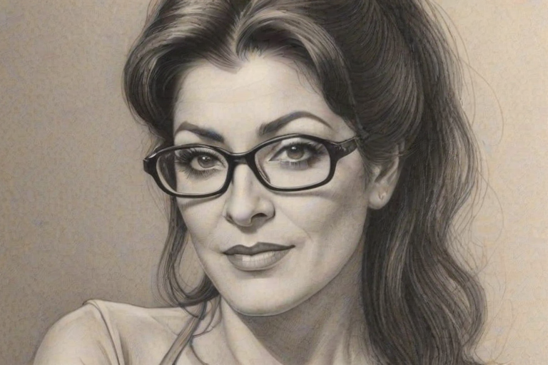 Fascinating Marina Sirtis, pencil sketch, portrait of Gorgeous woman 1924s in glasses, hair style beatnik, outline, clear lines, fine lines, 8k
