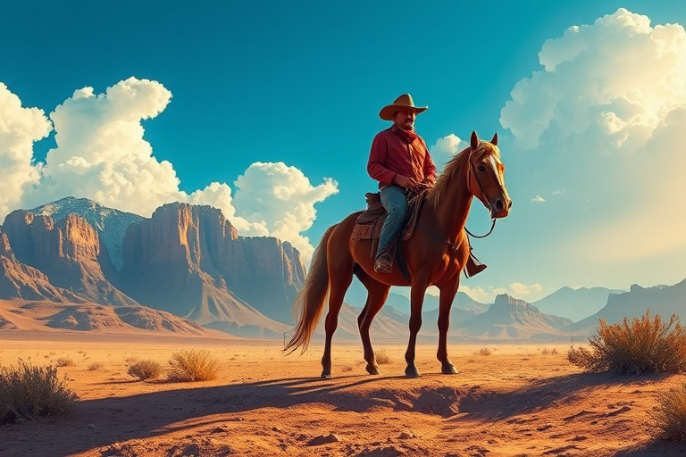 create a vibrant illustration of a lone cowboy on horseback in a desert landscape with dramatic mountains and a bright blue sky, use a Canon EOS R5 with a 24-70mm f/2.8 lens at f/8, ISO 100, 1/200 sec shutter speed, shoot from a low angle to capture the foreground details and dramatic clouds, emphasize rich colors and smooth gradient backgrounds.