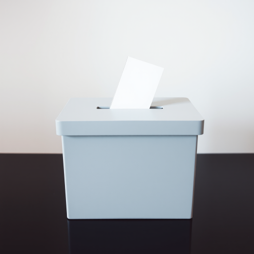 Generate a high-resolution image of a plain gray ballot box with a slit on top, using a DSLR camera, aperture f/2.8, shutter speed 1/60 sec, ISO 100, taken from an eye-level perspective with soft diffused lighting.
