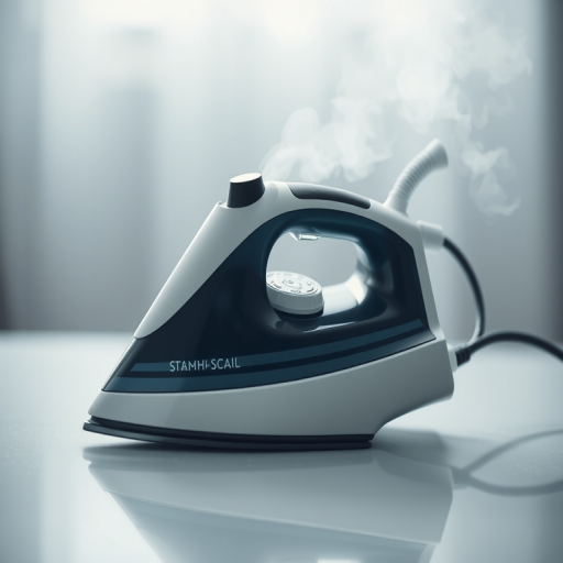 Create a high-resolution image of a steam iron with a sleek design, showing the steam vents clearly, captured from a slightly elevated angle using a DSLR camera, 50mm lens, f/2.8 aperture, 1/125 sec shutter speed, ISO 100, soft diffused lighting.
