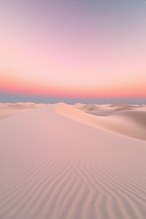 Capture a serene landscape of rolling white sand dunes under a pastel pink sky with the Milky Way visible, use a Canon EOS R5 with a 24mm lens, aperture f/2.8, ISO 800, and a long exposure of 30 seconds for enhanced detail and clarity.