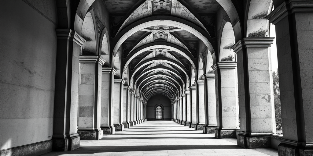Capture a monochrome photograph of an architectural corridor with arched columns, utilizing a Canon EOS R5, 24-70mm lens at f/8, ISO 100, 1/125 sec, with a wide-angle perspective and natural lighting to enhance shadows and depth.