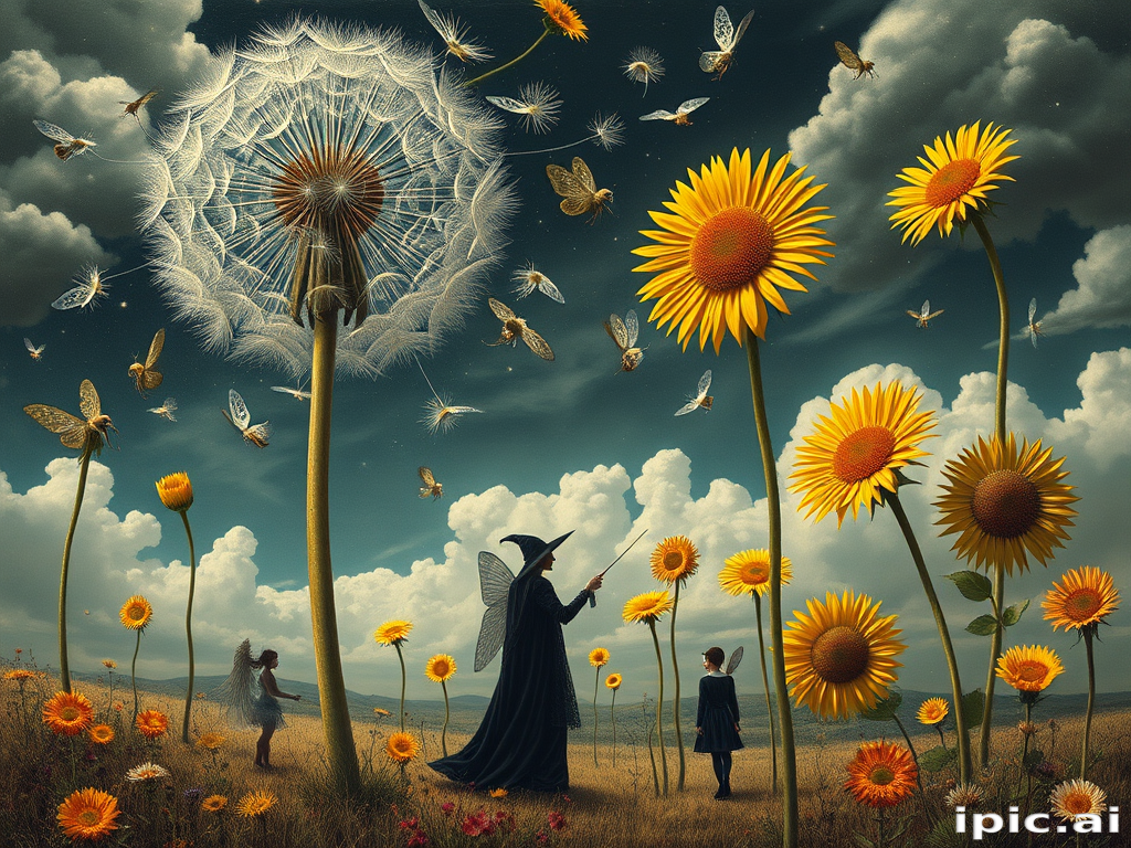 A surreal allegory featuring ethereal fairies, towering sunflowers, and an enigmatic witch, all set within a dreamlike landscape. The scene is dominated by a colossal dandelion, its delicate seeds floating through the air, reminiscent of Yves Tanguy's abstract forms. The environment is a blend of otherworldly elements and natural beauty, with twisted, elongated shapes and surreal colors that evoke a sense of mystery and enchantment.