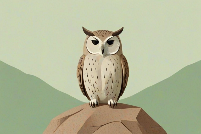 generate a minimalist illustration of an owl with closed eyes sitting on a brown hill against a soft pale green background