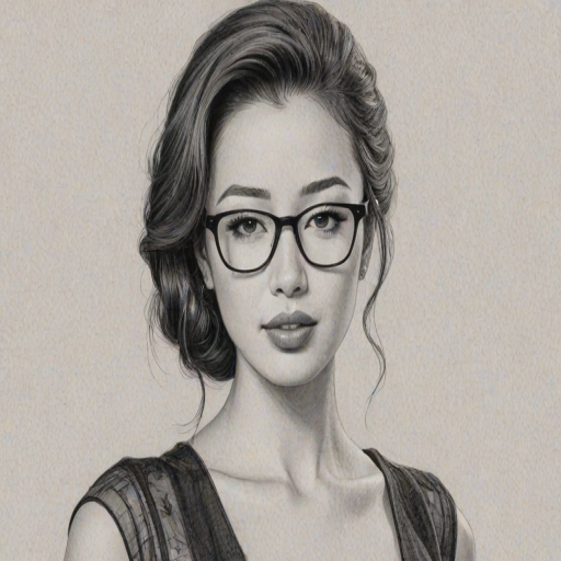 Beauteous Christian Serratos, pencil sketch, portrait of Elegant woman 1964s in glasses, hair style beatnik, outline, clear lines, fine lines, 8k